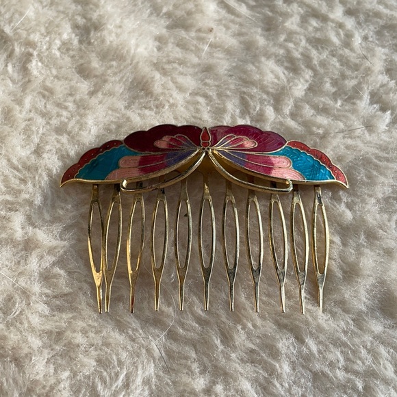 Vintage Cloisonne Hair Comb - Blue Butterfly Enamel Hair Slide - Picture 1 of 1